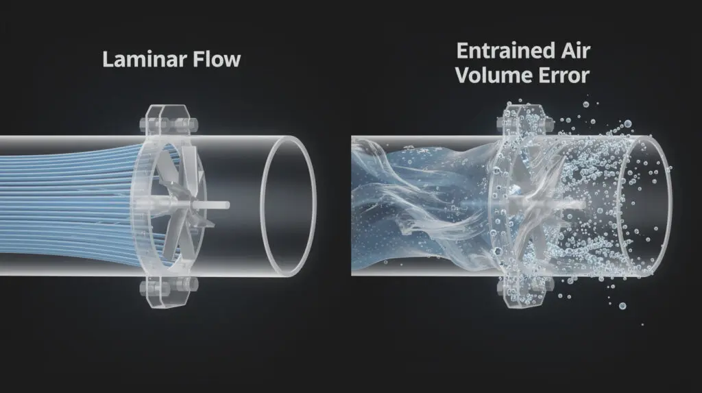 Comparison showing how air entrainment causes volume errors in fuel flow meters