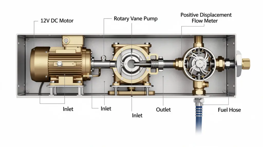 Cross-section diagram of a mobile fuel dispenser showing rotary vane pump and positive displacement meter