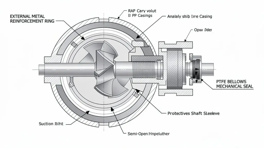Cross-section engineering diagram of a PP centrifugal chemical pump