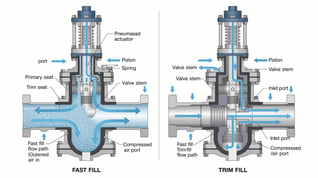 Cross-section of a dual-stage pneumatically actuated valve for liquid batching
