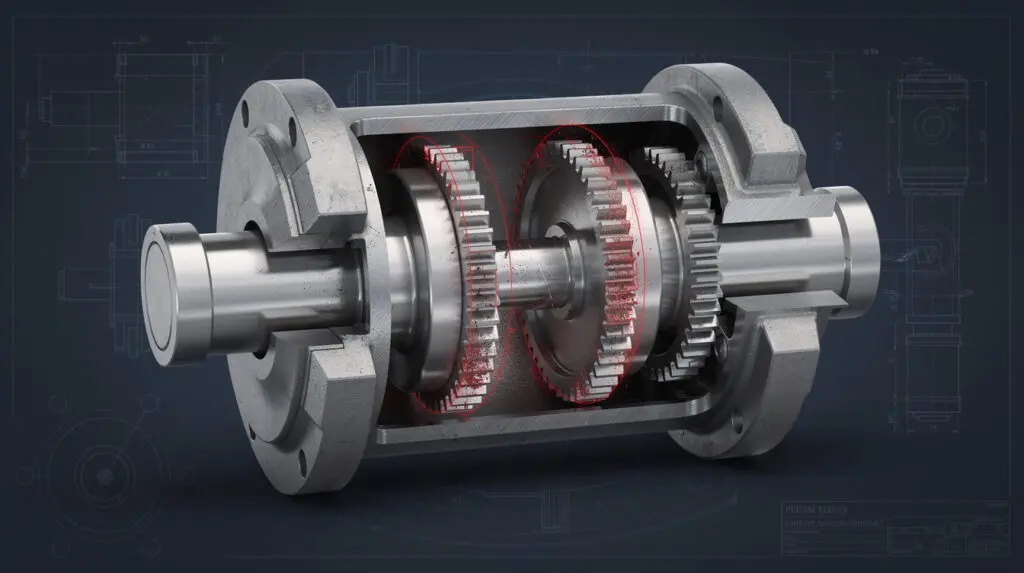 Cross-section of a positive displacement flow meter showing internal mechanical wear and calibration drift points