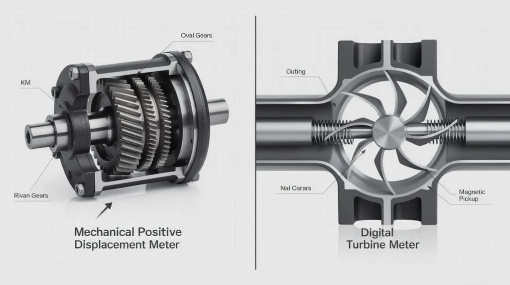 Cutaway comparison of mechanical positive displacement flow meter vs digital turbine flow meter internals
