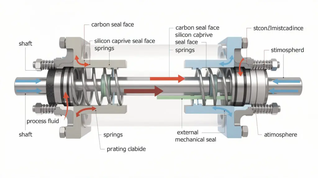 Cutaway diagram showing internal vs external mechanical seals in centrifugal pumps