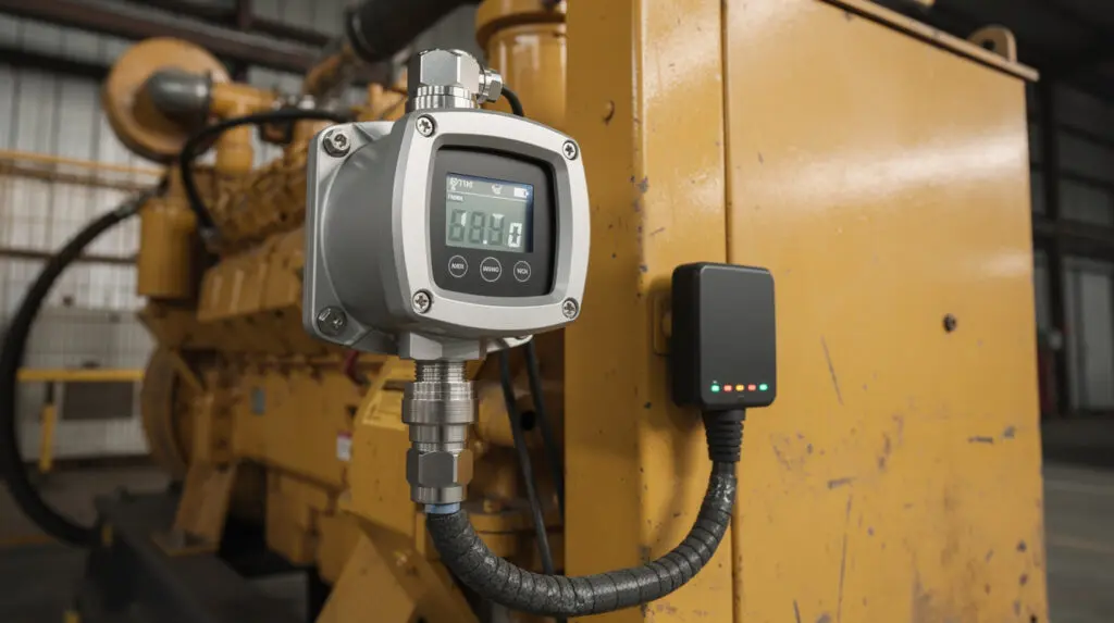 Diesel generator flow meter measuring fuel consumption on a heavy gen-set