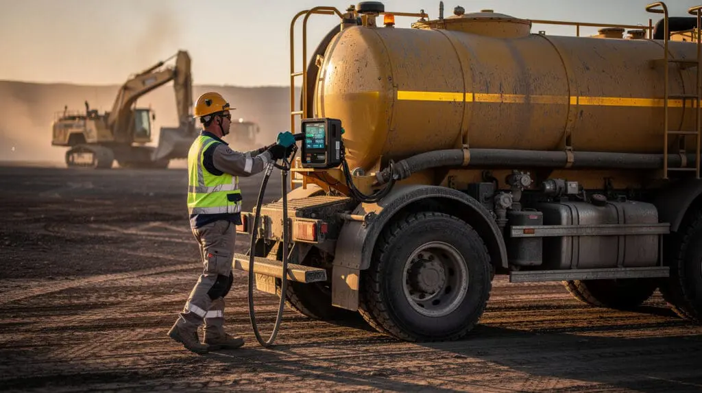 Digital mobile fuel dispenser mounted on a heavy-duty bowser truck at a mining site
