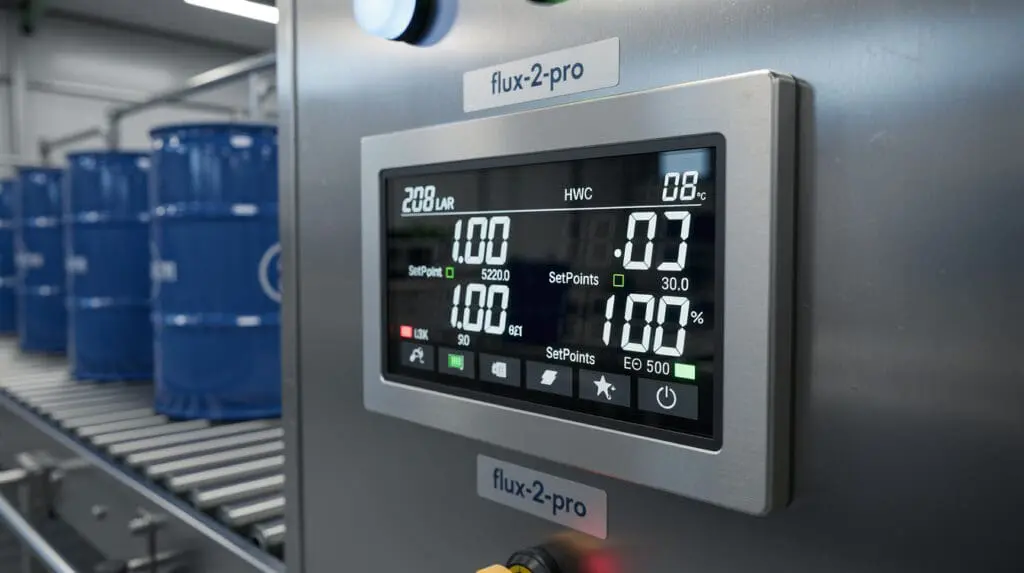 Digital preset controller display showing precise batched volume for drum filling