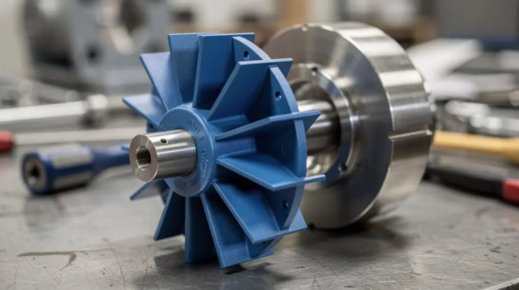 Disassembled Polypropylene centrifugal pump showing semi-open impeller and shaft sleeve