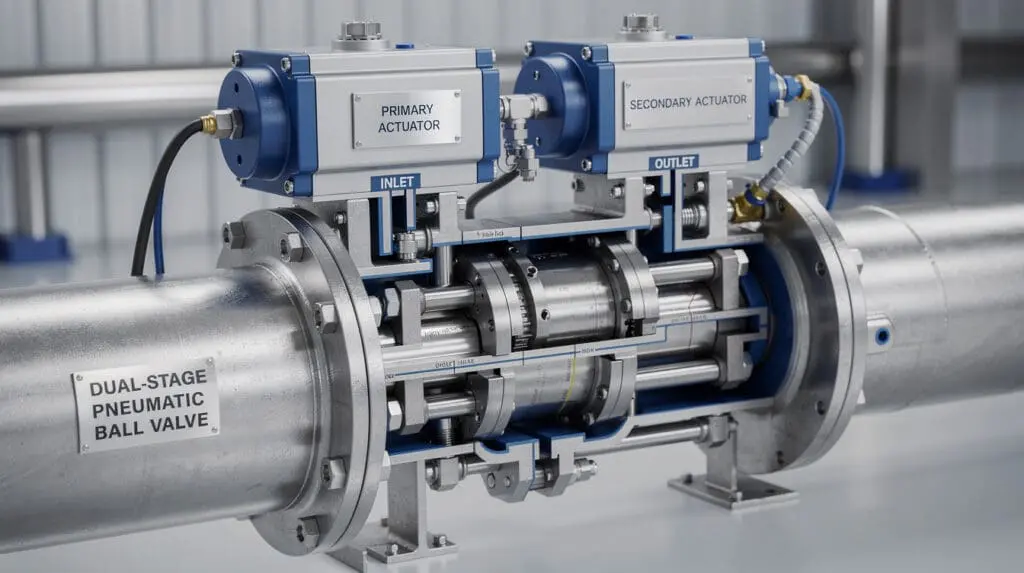 Dual-stage pneumatic actuated valve for high-speed liquid batching systems