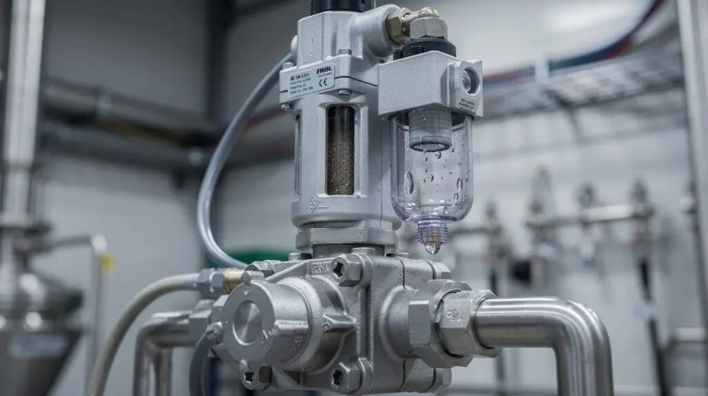 Dual-stage pneumatic flow control valve and FRL moisture trap on a batching skid