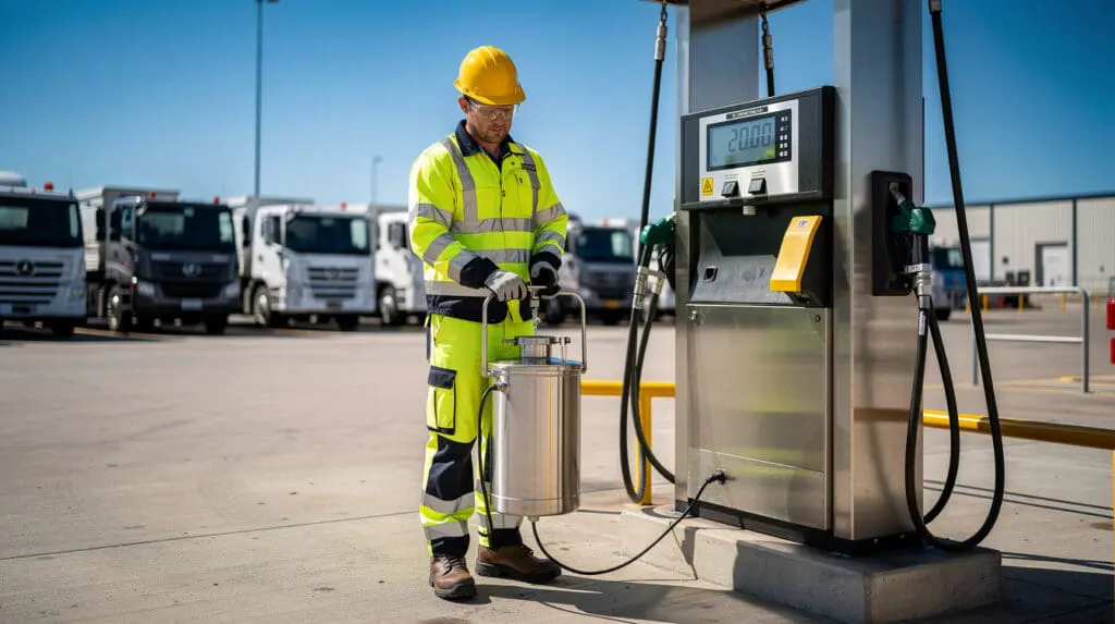 Engineer calibrating a digital mobile fuel dispenser using a 20 liter volumetric proving measure