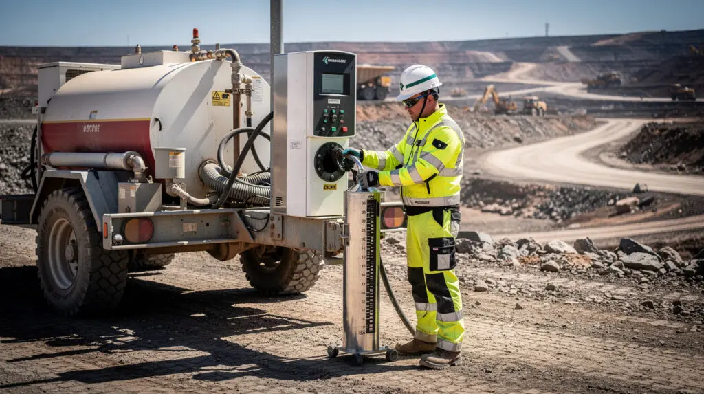 Engineer calibrating a mobile fuel dispenser bowser with a volumetric measure at an industrial site