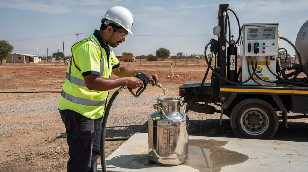 Engineer calibrating a mobile fuel dispenser using a 20-liter volumetric proving can