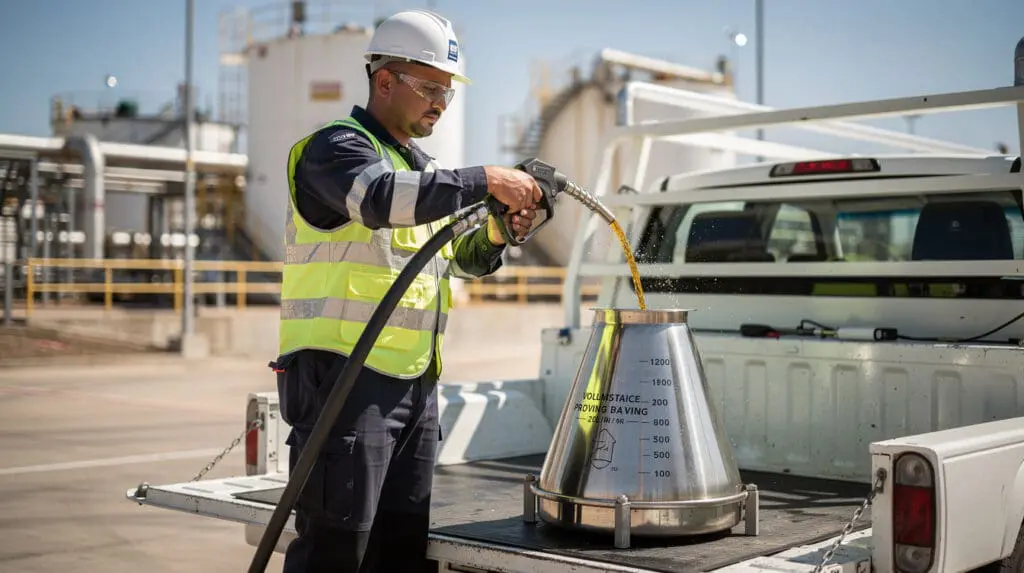 Engineer calibrating a mobile fuel dispenser using a certified 20-liter stainless steel volumetric proving measure.