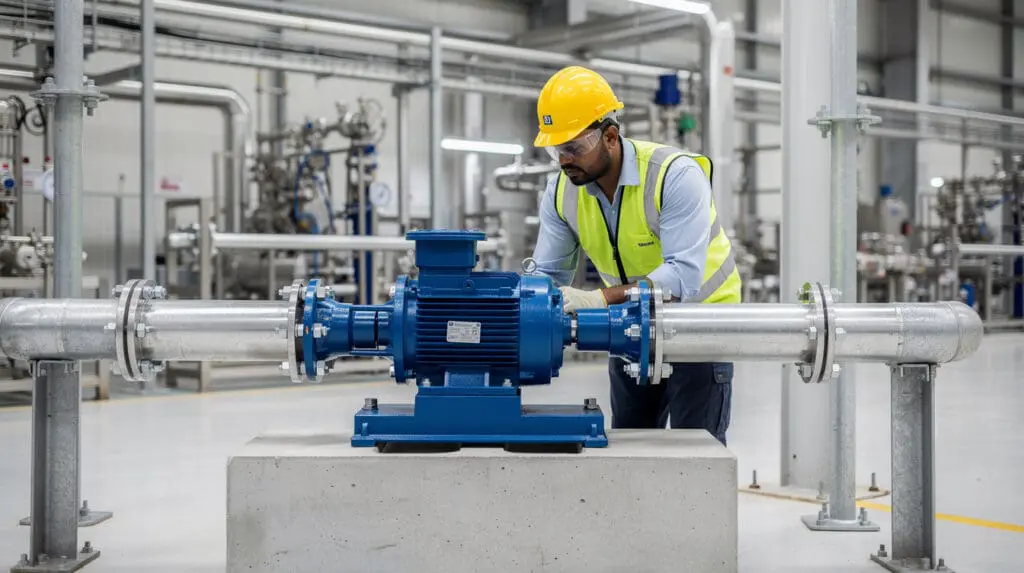 Engineer inspecting a properly installed PP chemical transfer pump in an industrial plant