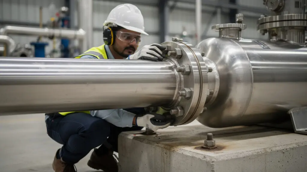 Engineer inspecting industrial SS pump piping and flange alignment