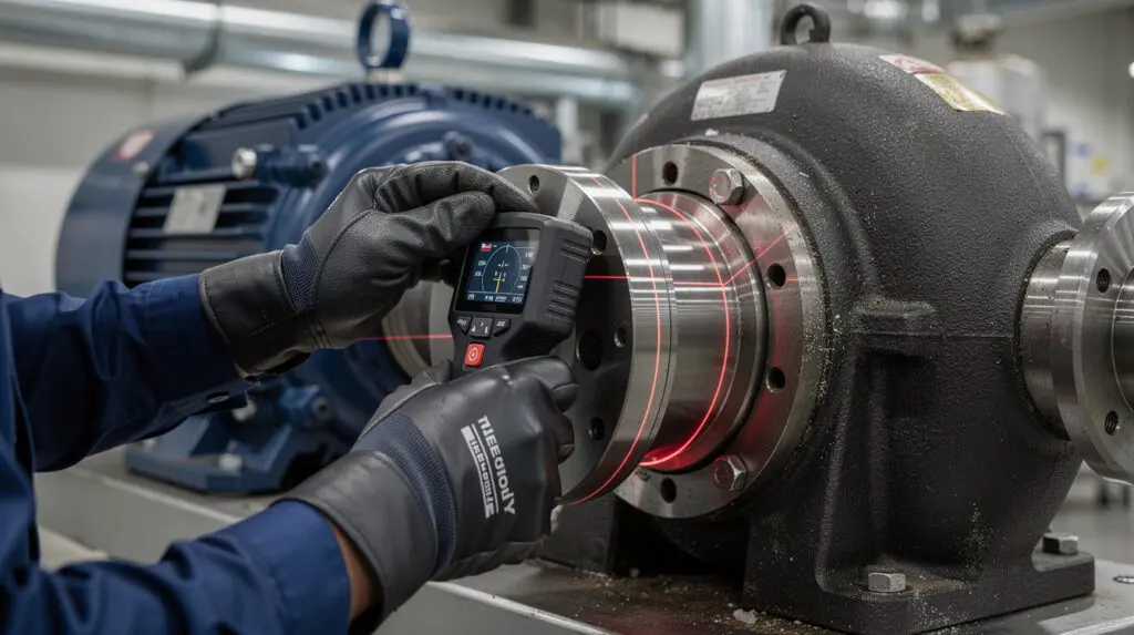 Engineer performing laser alignment on a PP Centrifugal Pump coupling