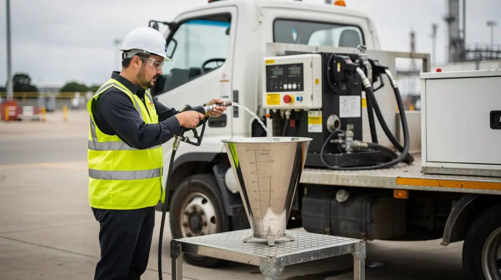 Engineer performing volumetric calibration of a mobile fuel dispenser using a conical measure