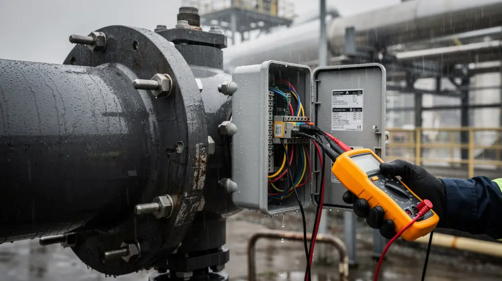 Engineer troubleshooting turbine flow meter signal loss and electrical noise at junction box