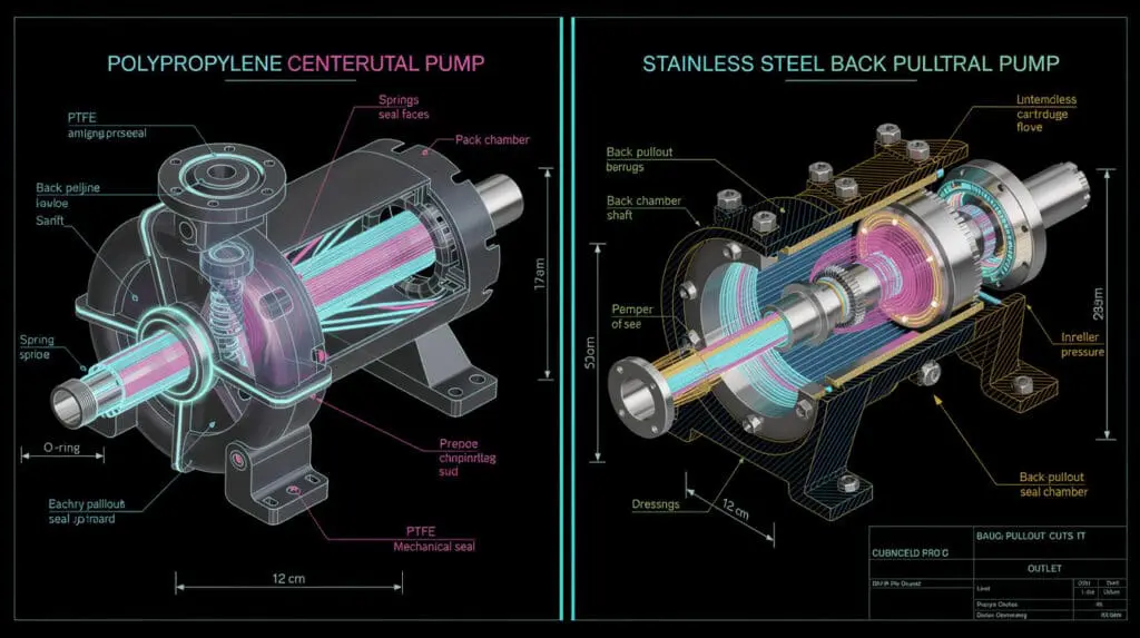 Engineering cross-section diagram comparing PP pump and SS back-pullout pump internal mechanisms