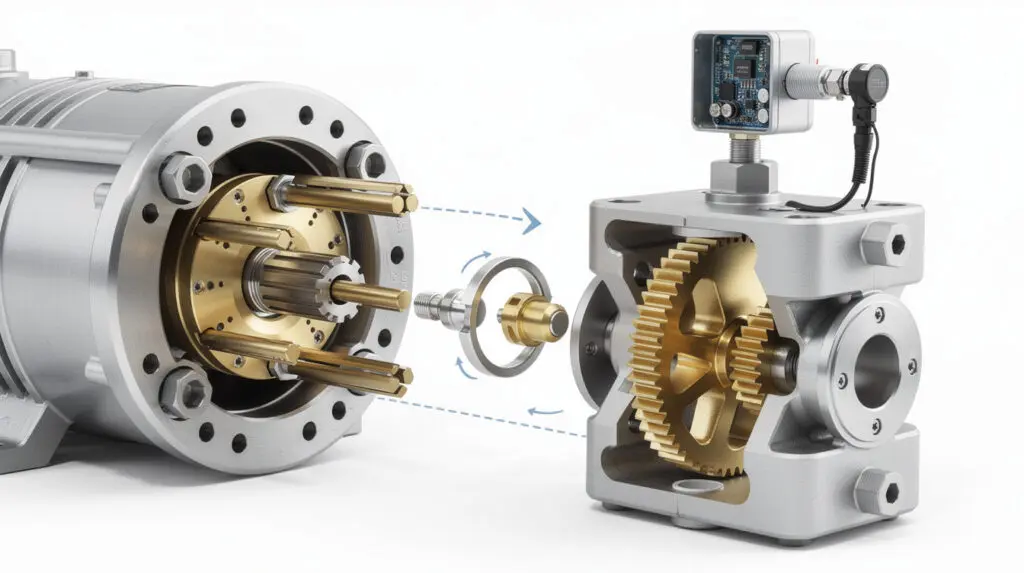 Exploded view diagram of rotary vane pump and positive displacement meter internals
