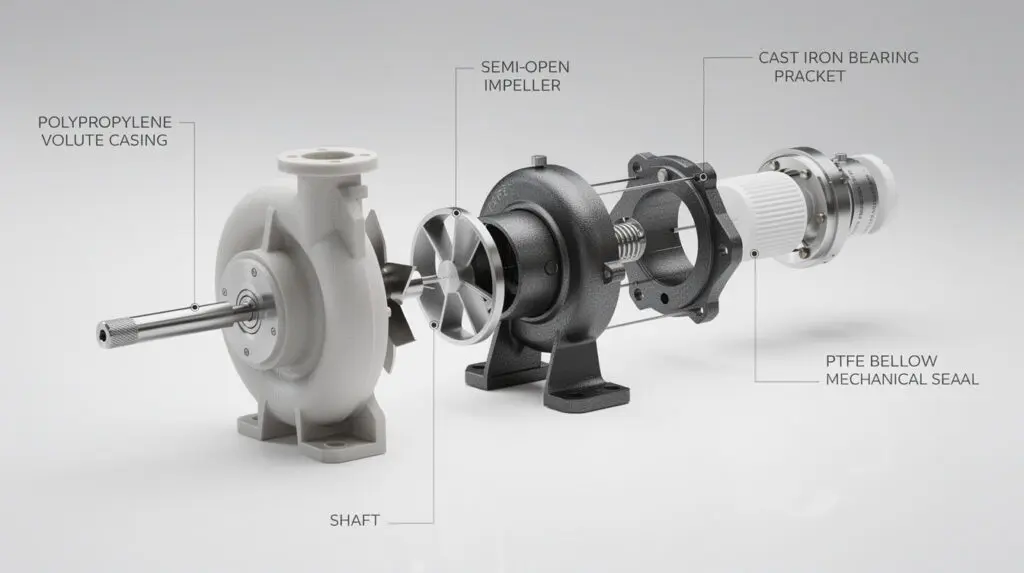 Exploded view of engineered polypropylene centrifugal pump components