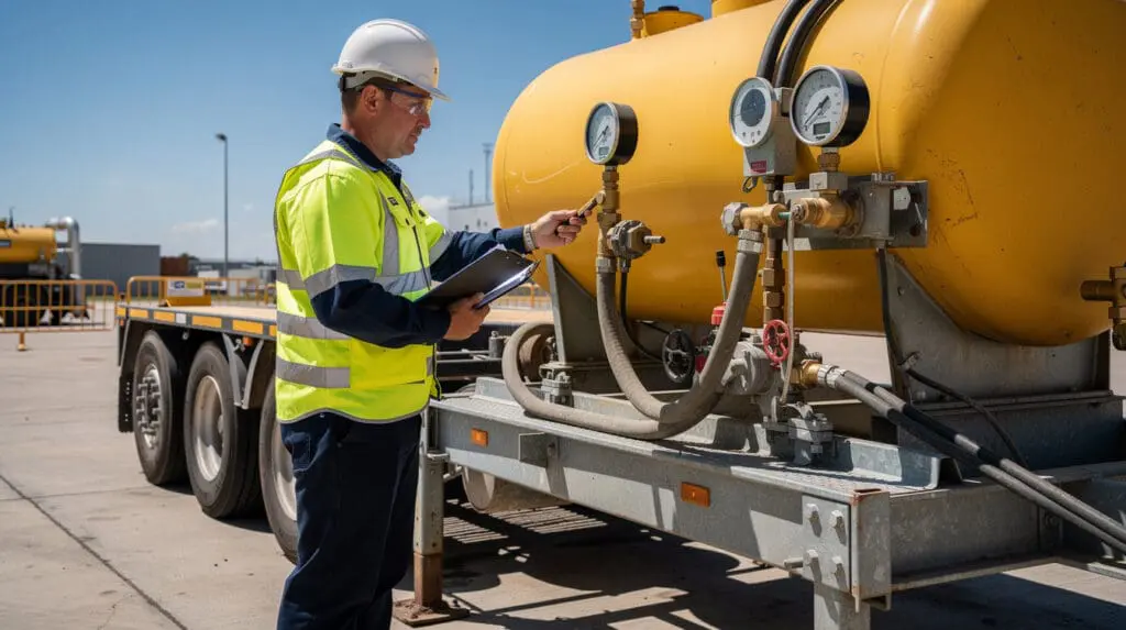 Field engineer calibrating a mobile fuel dispenser skid on a diesel bowser