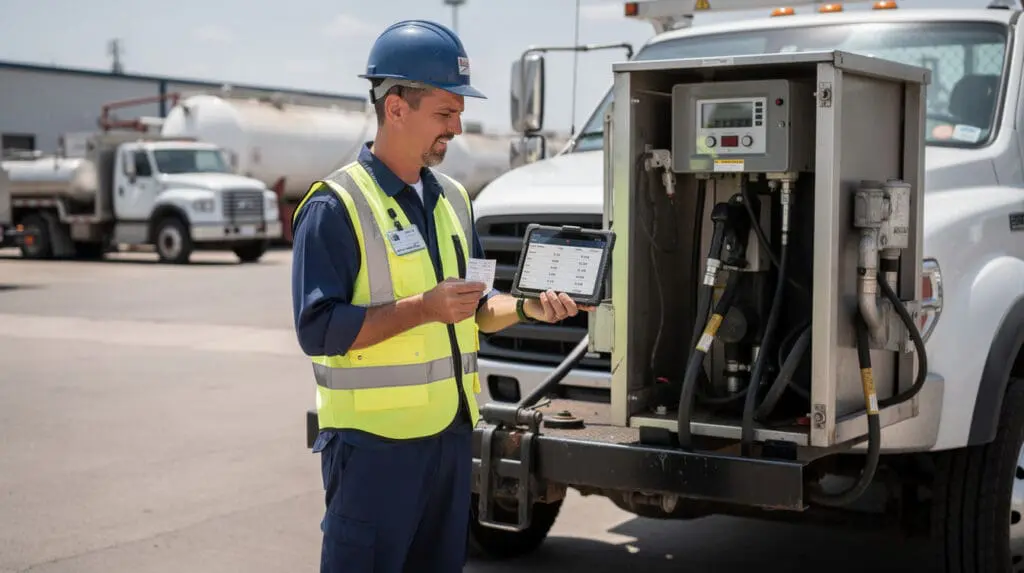 Fleet manager reconciling a mobile fuel dispenser receipt with inventory data