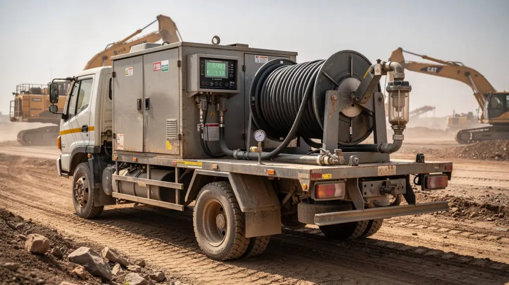 Heavy duty mobile fuel dispenser skid mounted on a service truck in a dusty mining site