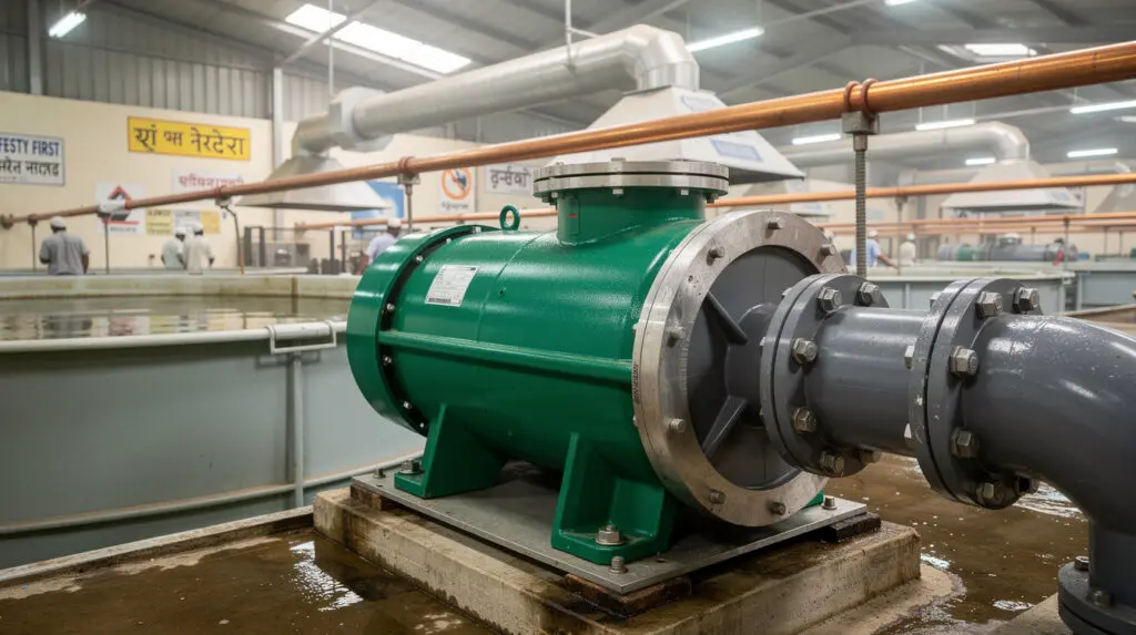 Industrial polypropylene centrifugal pump installed in an electroplating facility