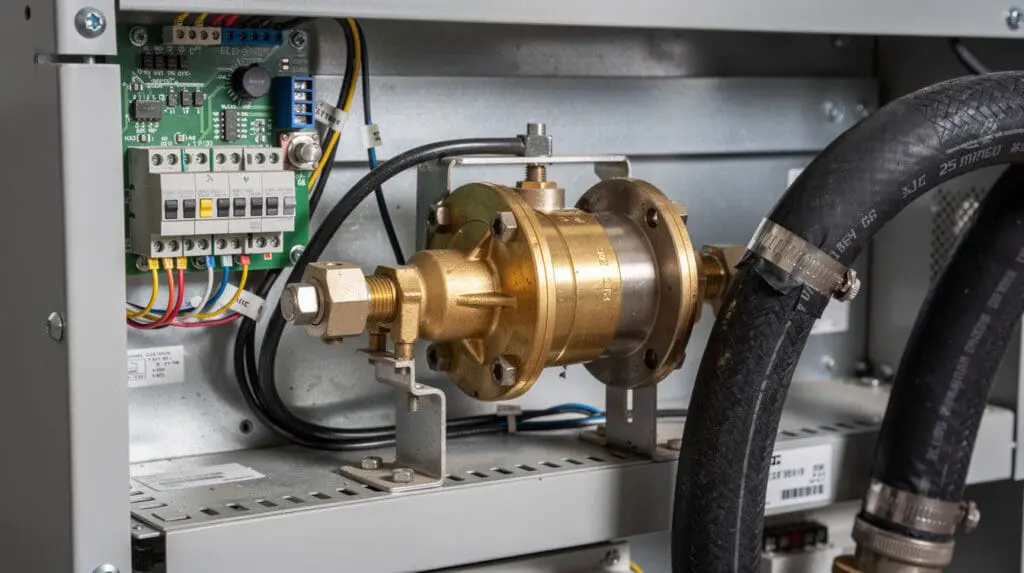 Internal components of an industrial fuel dispenser showing positive displacement meter and control board