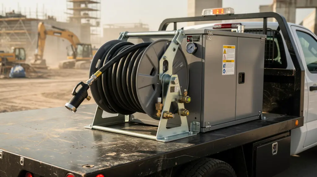 Mobile fuel dispenser mounted on a commercial truck bed with hose reel
