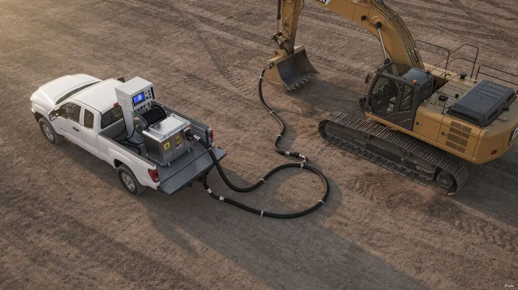 Mobile fuel dispenser on a pickup truck refueling heavy earth-moving equipment