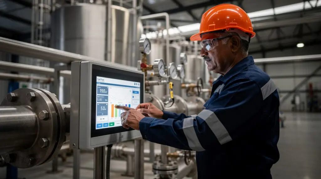Plant engineer calibrating an industrial fuel flow meter control panel on factory floor