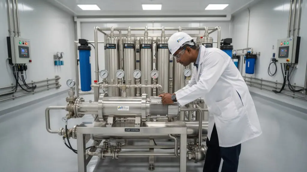 Plant engineer inspecting a hygienic SS pump in an industrial RO water facility