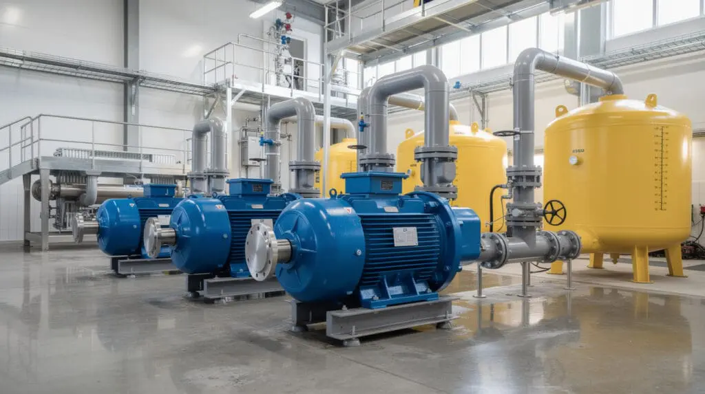 Row of horizontal PP centrifugal pumps installed in a textile effluent treatment plant
