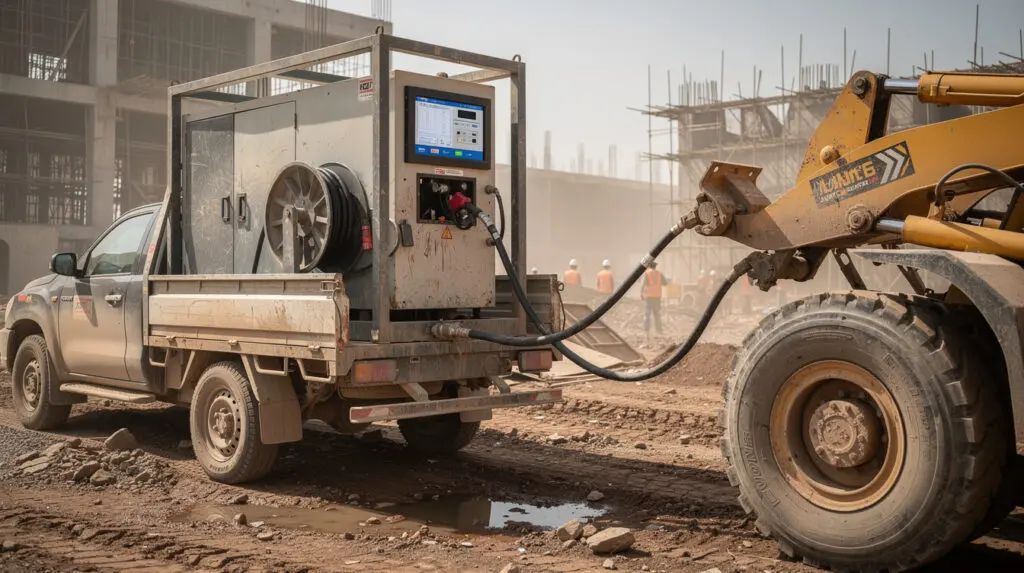 Rugged CE-204 mobile fuel dispenser mounted on a flatbed truck fueling construction equipment