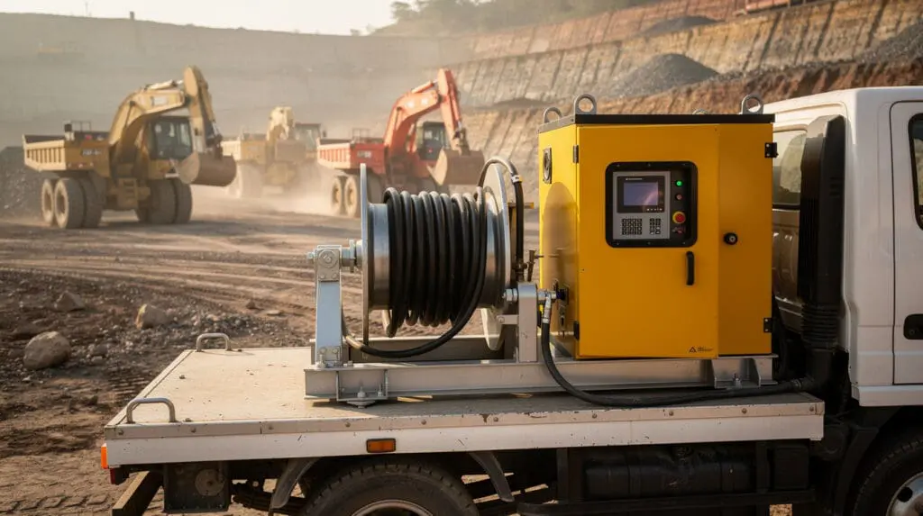 Rugged mobile fuel dispenser skid mounted on a heavy-duty service truck in an Indian mining site.