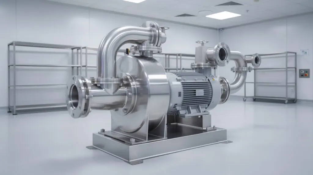 Sanitary stainless steel centrifugal pump installed in a pharmaceutical cleanroom in India