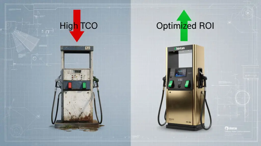 TCO analysis comparison between cheap budget fuel dispenser and high-accuracy industrial dispenser
