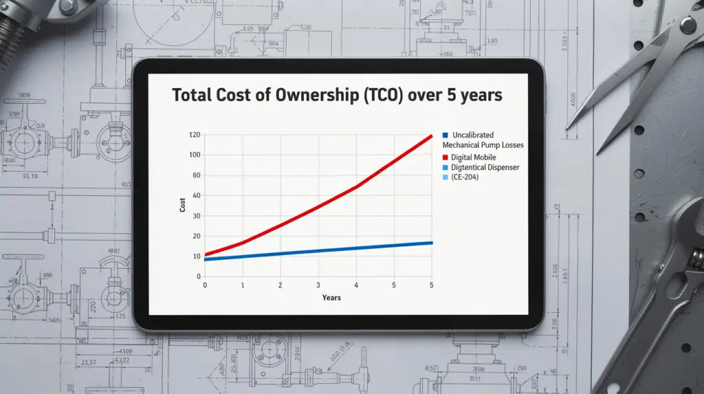 TCO graph comparing mechanical pump fuel losses vs digital mobile dispensers over 5 years