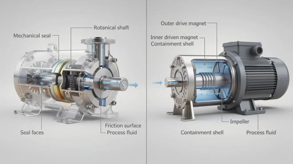 Technical comparison between mechanical seal pump and seal-less magnetic drive PP pump