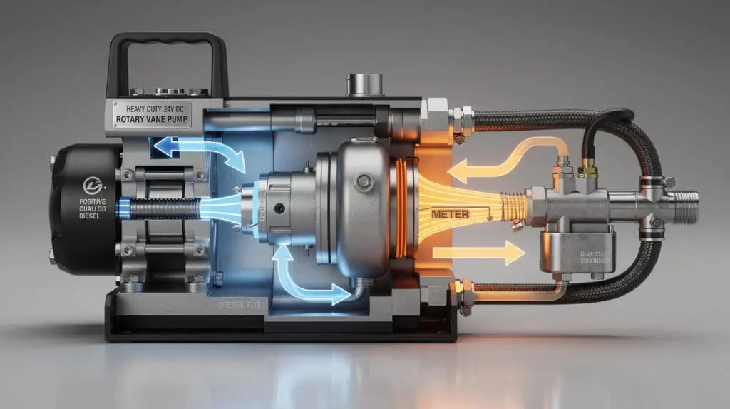 Technical cross section of positive displacement meter and rotary vane pump in a mobile fuel dispenser