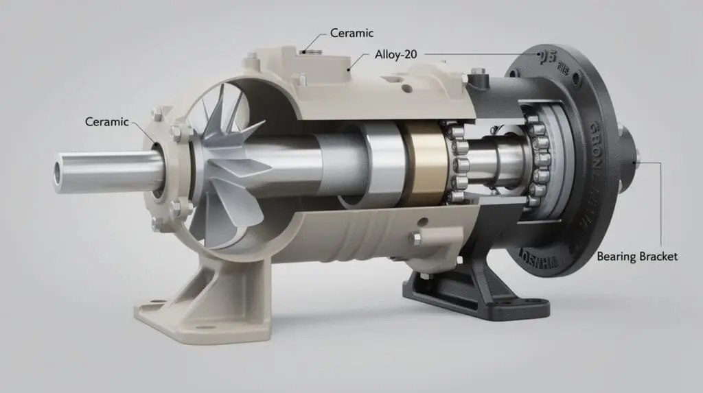 Technical cutaway view of a PP Centrifugal Pump showing semi-open impeller and double ball bearings