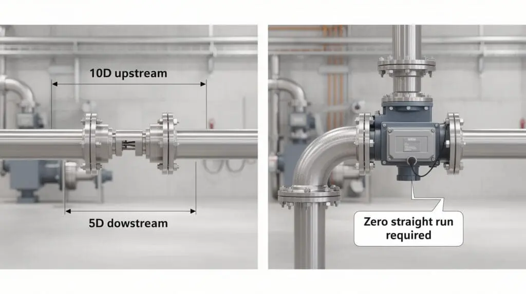 Turbine vs positive displacement flow meter piping straight run requirements diagram