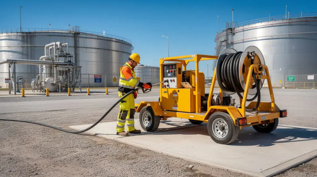 Worker operating auto-shutoff nozzle from a mobile fuel dispenser hose reel