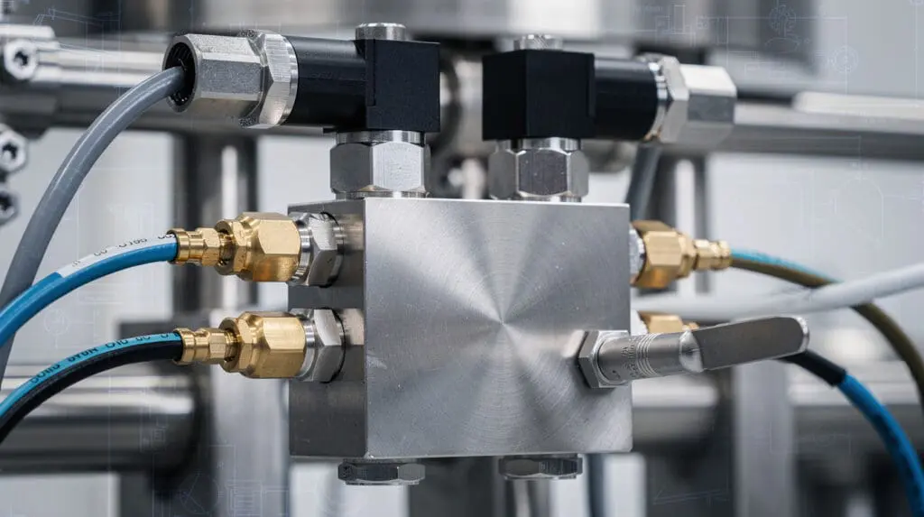 Close-up of a dual-stage pneumatic control valve used in high-accuracy liquid batching systems to prevent overshoot.