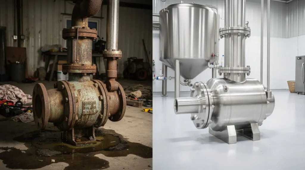Comparison between corroded cast iron pump and hygienic stainless steel dairy pump