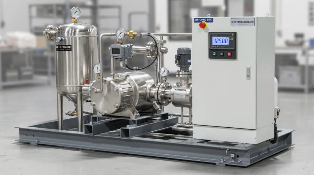 Complete turnkey liquid batching skid featuring pump, PD meter, and CE-136 control panel mounted on a steel base frame.
