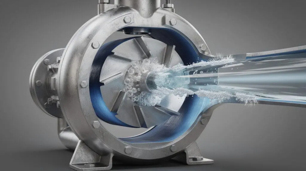 Cutaway diagram showing cavitation bubbles forming inside a stainless steel centrifugal pump impeller