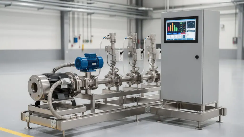 Industrial liquid batching system skid with flow meter and PLC control panel